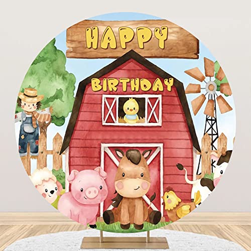 Yeele 6x6ft Red Barn Round Backdrop for Kids Birthday Party Decorations Cartoon Farm Animals Pig Cow Chicken Windmill Polyester Photography Background Happy Birthday Party Banner Photo Booth Props