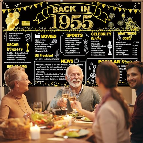 Image of DARUNAXY 71st Birthday Black Gold Party Decoration, Back in 1955 Banner 71 Year Old Birthday Party Poster Supplies Vintage 1955 Backdrop Photography Background for Men & Women 71st Class Reunion Decor