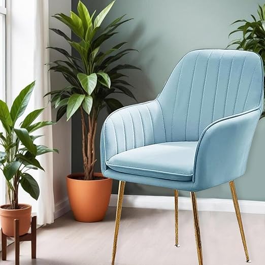Image of Set of 2 Velvet Dining Chairs, Cushion Seat Chair for Living Room Bedroom Restaurant, Modern Contemporary Upholstered with Polished Rosegold Metal Legs (Sky Blue)