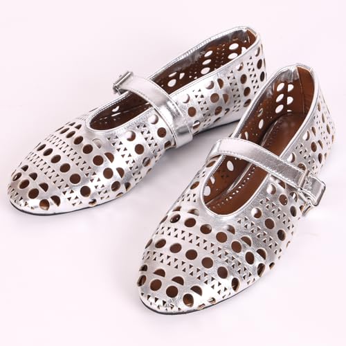 YXCFEWD Women's Mary Jane Ballet Flats - Comfortable Dressy Shoes for Women(Silver one 6)3