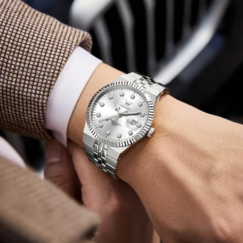Image of OLEVS Mens Watches Luxury Diamond Calendar Stainless Steel Male Watches Business Dress Waterproof Luminous Fashion Watch for Men