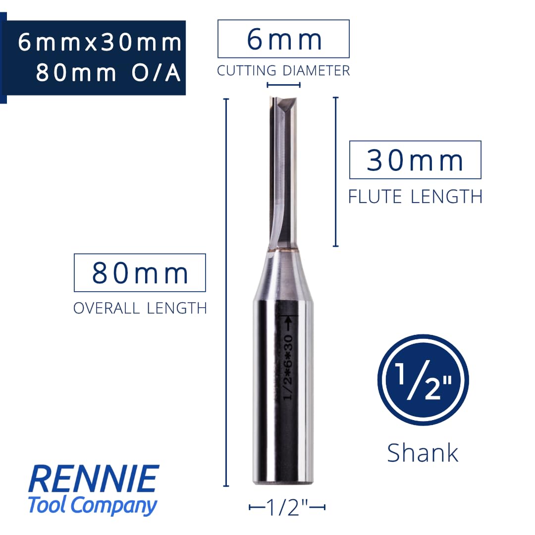 Rennie Tools - 6mm Cutting Diameter x 30mm Flute x 1/2" Shank TCT Tipped 2 Flute Straight Router Cutter Bit. Compatible With Makita Trend Festool Hikoki Dewalt Router Etc. 6mm Router Bit - Image 2