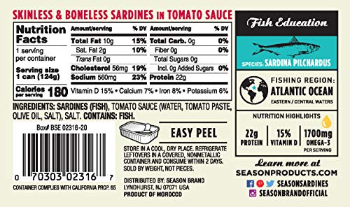 Image of Season Sardines in Tomato Sauce Skinless & Boneless, 4.37 Oz Tins, 6-Pack | Wild Caught, 22g of Protein, Keto Snacks, More Omega 3's Than Tuna, Kosher, High in Calcium, Canned Sardines