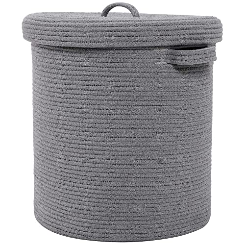 Image of Mansa Traders 12 inch x 12 inch x 14 inch Large Storage Basket with Lid, Cotton Rope Storage Baskets, Laundry Hamper, Toy Bin, Toys Blankets Pillows Storage in Living Room Baby Nursery,Grey Stiches with Cover