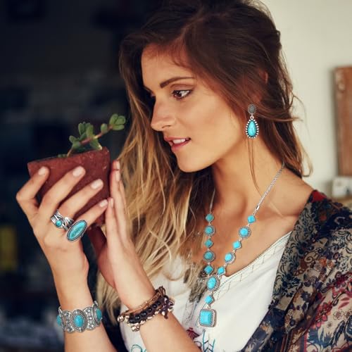 Image of Ecally Bohemian Western Jewelry Turquoise Set Women Country Pendant Long Choker Layered Bracelets Earrings Ring for Women