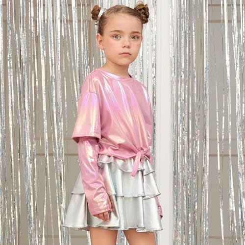 Image of Perfashion Girls Metallic Shirts Shiny Tie Front Knot Crop Top with Arm Sleeves for Dancing Raves Festivals 4-15 Years