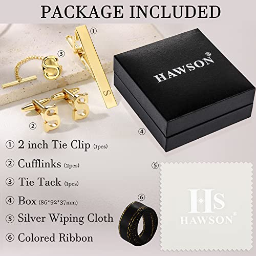 HAWSON Cufflinks for Men, Tie Clips for Boys, Tie Pin for Men, Gold Color Jewelry Set, Boxed Gift Packing, Initial Letter Jewelry for Him2