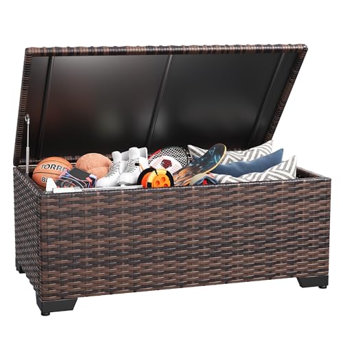 Amopatio Outdoor Storage Table Patio Furniture All Weather Patio Table Wicker Coffee Table with Waterproof Cover,Outdoor Side Table (Brown)