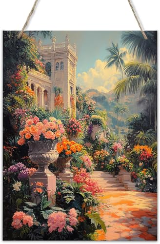 CDSASHCA Sunlit Mediterranean Villa Columns & Flower Urns Wooden Sign,Rustic Farmhouse Wood Decor,tropicsal Palm Tree Courtyard Wall Art for Living Room,No Frame Needed Hanging Plaque,12x8 Inch,