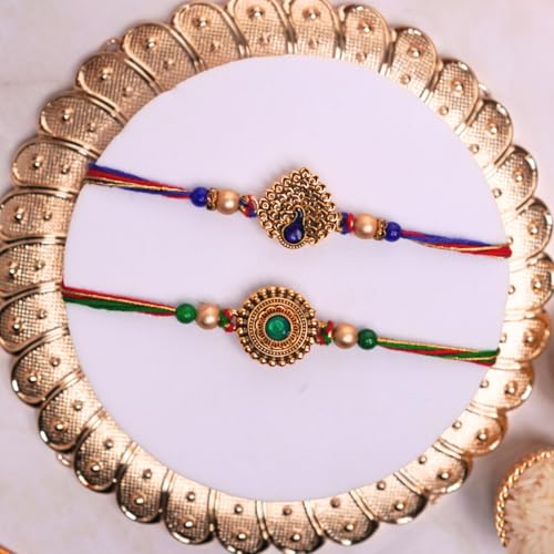 Image of Gifticon Rakhi for Brother with Chocolate Combo Gift Set - Designer Rakhi for Brother Bhaiya with Ferrero Moments Chocolates Pack - Rakhi Set of 2 | IB-2R-Mom-MoreGreenPendal