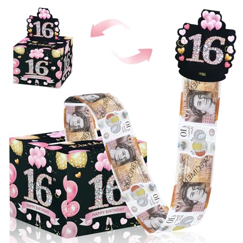 ZAOHUI Happy Birthday Money Box Cash Gift Pull, 16th Birthday Gifts Girl, Surprise Money Gift Box, Money Gift Ideas that Pulls Out 50 Clear Bags for Giving Cash at Birthday Parties