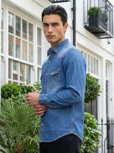 Image of Southbay Men's Denim Casual Shirt | Full Sleeve with Regular Fit | Premium Solid Denim Fabric | Spread Collar | Double Flap Pocket Stylish Casual Shirt