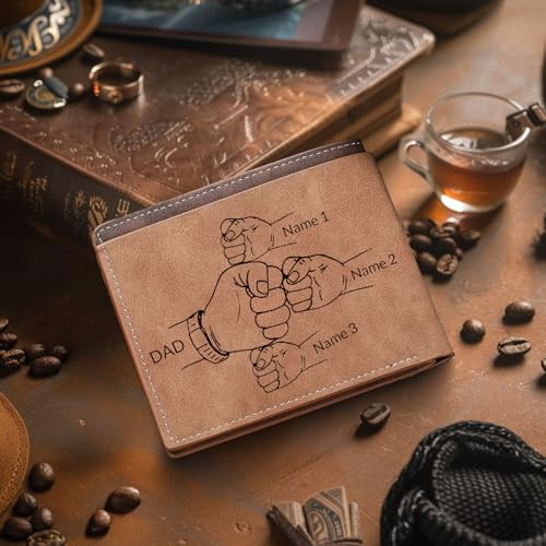 Custom Wallets for Men, Personalized Engraved Photo & Name Wallet with Fist, Fathers Day from Wife Daughter Son, Gift for Dad Boyfriend (Light Khaki)3