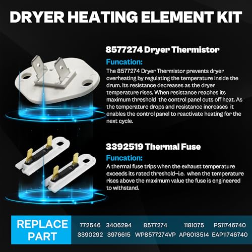 Image of MED7230HW1 MEDX700XL0 MED6230HW1 MEDX700XW0 MEDB765FC0 MEDB835DC4 MED7230HC1 MEDB765FW0 MED6230HW2 MEDB835DW4 MEDB855DC4 MED5500FW1 MED5630HW1 Dryer Heating Element Kit Fit For May-tag by TOMOON