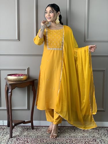 Image of Naixa Women's Viscose Embroidered Straight Kurta with Viscose Pant and Silk Blend Printed Dupatta Sets (NK-430)
