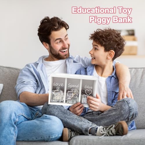 Mczxon Wooden Give Save Spend Money Saving Box for Kids, Money Coin Savings Piggy Bank Jar Box Safe Money Saver, Teach Children About Giving Saving Giving Money Piggy Box for Boys Girls, White