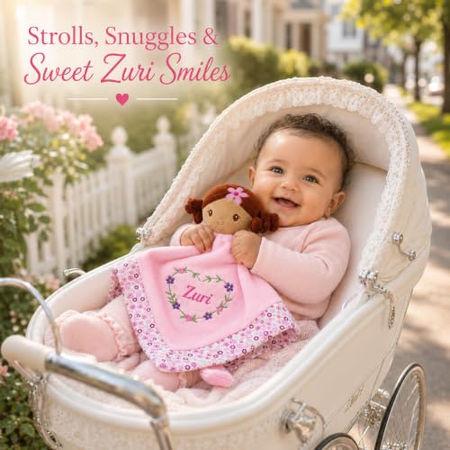 Image of June Garden Personalized Baby Girl Lovey Blanket Zuri - 15 inch x 15 inch Plush Comforter with Rattle Doll Head, Custom Name Embroidery Security Blanket with Toy Attachment Strap