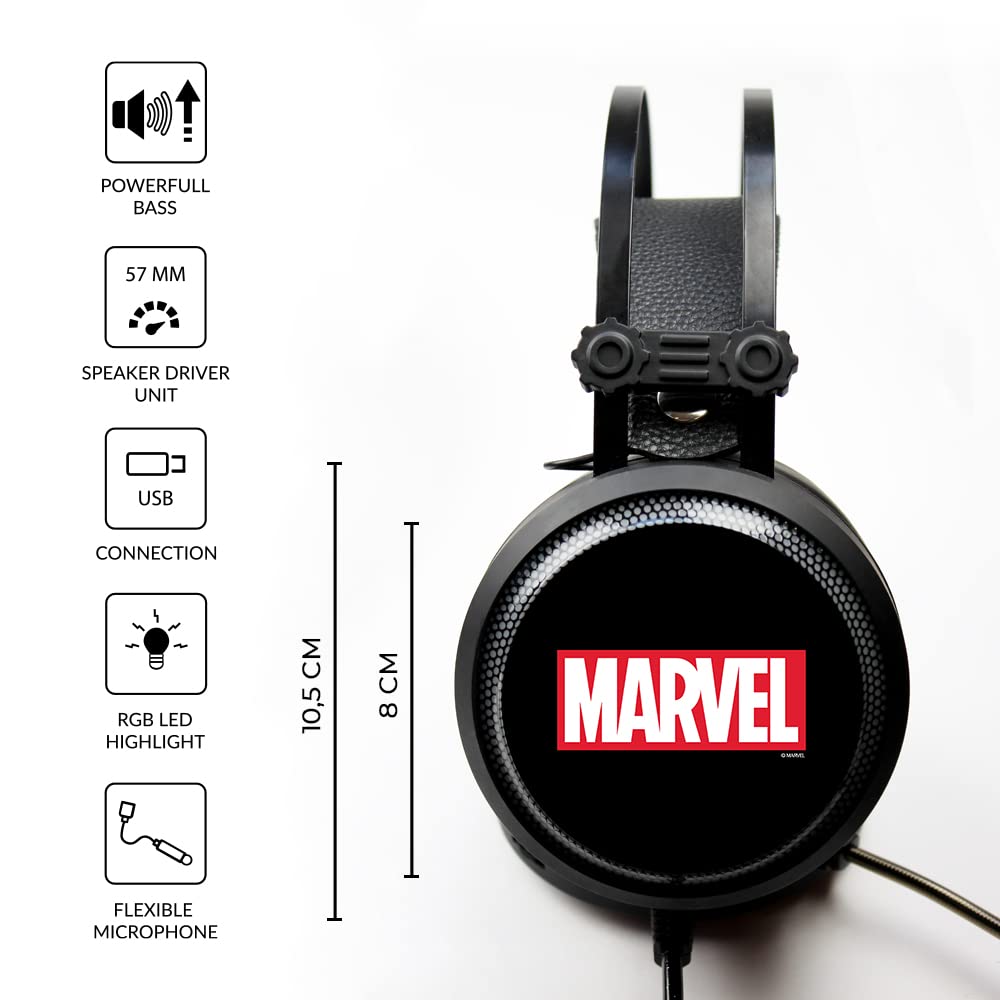 Ert Group Cuffie da gioco con microfono, Cuffie LED con archetto regolabile Modello Marvel originale e con licenza ufficiale Marvel 001