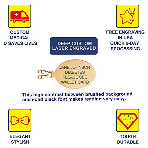 Divoti Custom Engraved-PVD Gold Premier Disc Tag Medical Alert Necklace, Medical ID Necklace Women, Medical Pendant Tag- Various Color and (24/28 IN) PVD Gold Square Rolo -TP Blue - Thumbnail 3