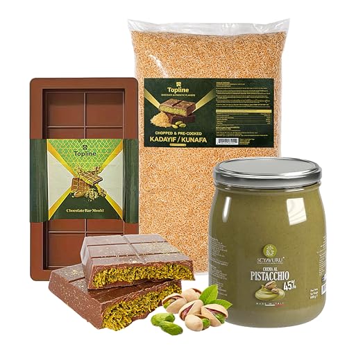 Pistachio Dubai Chocolate Making Kit - Pistachio Cream 600g Spreadable Butter Deep Chocolate Mould & Roasted Kadayif Pastry 500g Fillo Dough. Make Your Own Dubai Inspired Chocolates at Home