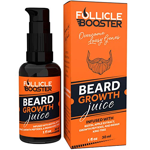 Beard Growth Oil by FollicleBooster - Softens & Strengthens Beards and Mustaches - Masculine Facial Hair Treatment for Groomed Beards Infused with Biotin & 100% Natural Ingredients