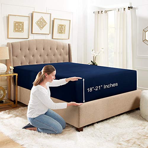 Empyrean Bedding King Fitted Sheet Deep Pocket - Extra Deep Fitted Sheets King for 18-21 Inch Beds - King Size Fitted Sheet Only Deep Pocket for A Great Fit - Deep Pocket Fitted Sheet - Navy Blue