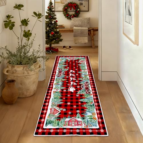 Christmas Runner Rug 2x6, Red Plaid Truck Kitchen Mat - Xmas Washable Non Slip Low Pile Christmas Area Rugs for Floor Hallway Laundry Bedroom Holiday Decor 2'x6' Red Plaid Truck-white Piped