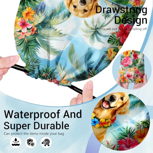 Image of Golden Retriever Drawstring Bag Palm Leaf Shoe Bags for Storage Wet Cloth