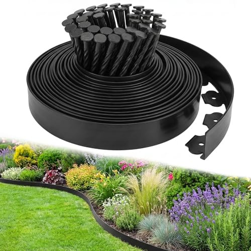 Greenera Garden Edging Border 33FT/10M Black Flexible Plastic Lawn Edging with 30 Reinforced Pegs 4.6CM High Lawn Edging Border - Easy Dig & Cut Installation for Flowerbeds Lawns & Pathways