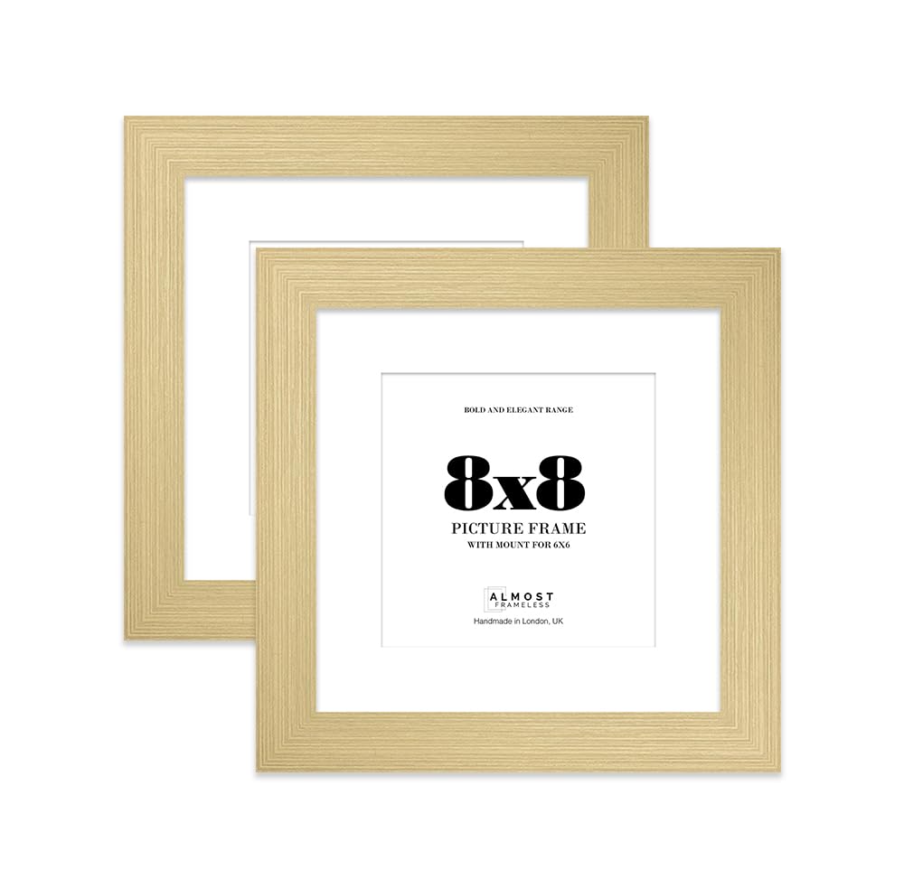 8x8" Gold Square Frame With Mount for 6x6" Pictures 28mm Edge Frame Display with Wall Hooks and Kickstand, 2 Pack