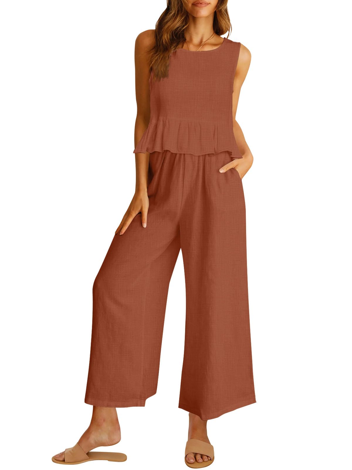 AUTOMETWomen's Summer 2 Piece Outfits Linen Crop Tank Top Lounge Matching Sets & Long Pants Tracksuits with Pockets