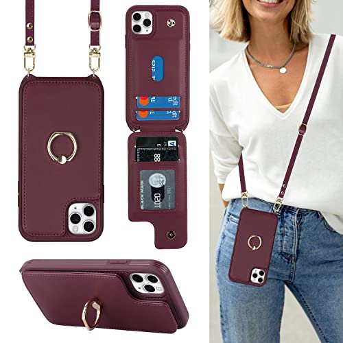 Image of for iPhone 11 Pro Max Phone Case with Card Holder and Strap for Women,Crossbody Lanyard,RFID Blocking,Kickstand Ring Stand,Snap Clasp,Phone Wallet Cases 6.5 inch(Wine Red)