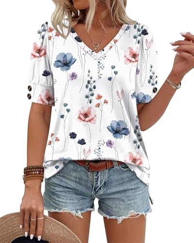 Image of OFEEFAN Womens Tops Short Sleeve Shirts Buttons V Neck Spring Fashion Summer Outfits Plus Size Blouses Dressy Casual