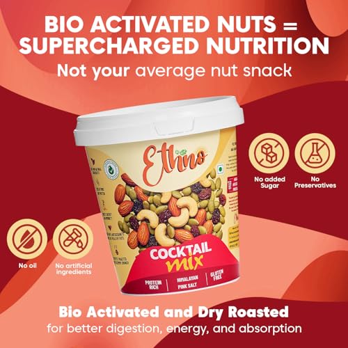 Image of Ethno Cocktail Bio-Activated Sweet & Salty Trail Mix (400g) - Roasted Almonds, Cashews, Raisins, Cranberries - Sprouted Nuts & Seeds + Mixed Dry Fruits Combo Pack - Sugar-Free Oil-Free, Healthy Snacks