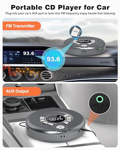 Greadio Portable CD Player with Bluetooth, FM Transmitter for Car Home Use, Rechargeable CD Player with Headphones & Speakers, Anti-Skip, Personal Small Music Player, USB/AUX/LCD (Grey) — view 3