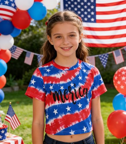Image of Tkria Girl Crop Tops July 4th Crewneck Tshirt American Flag Patriotic USA Flag Girls Outfit Clothes Size 6-14