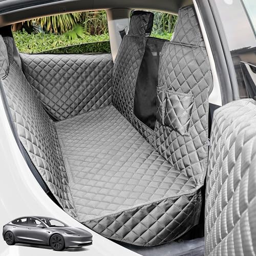 PETICON Dog Seat Covers for Tesla Model 3 & Y Back Seat with 2 Pack Door Protectors 100% Waterproof Dog Hammock for Tesla with Mesh Window & Headrest Protection Prevents Scratches and Scuffs (Gray)