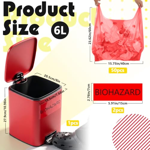 Image of Geiserailie 1 Set 1.6 Gallon Stainless Steel Biohazard Trash Can with Foot-operated Self-closing Lid, with Biohazard Labels & Bags for Lab Medical Hospital Industrial Infectious Waste Disposal, Square