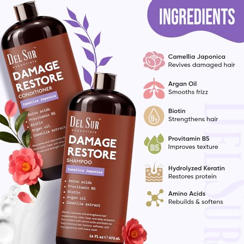 Image of DEL SUR Hair Repair Shampoo and Conditioner Set | 16 fl oz Each | with Camellia Japonica, Amino Acids, Biotin & Argan Oil | Moisturizing Strength & Damage Repair for Dry, Damaged Hair