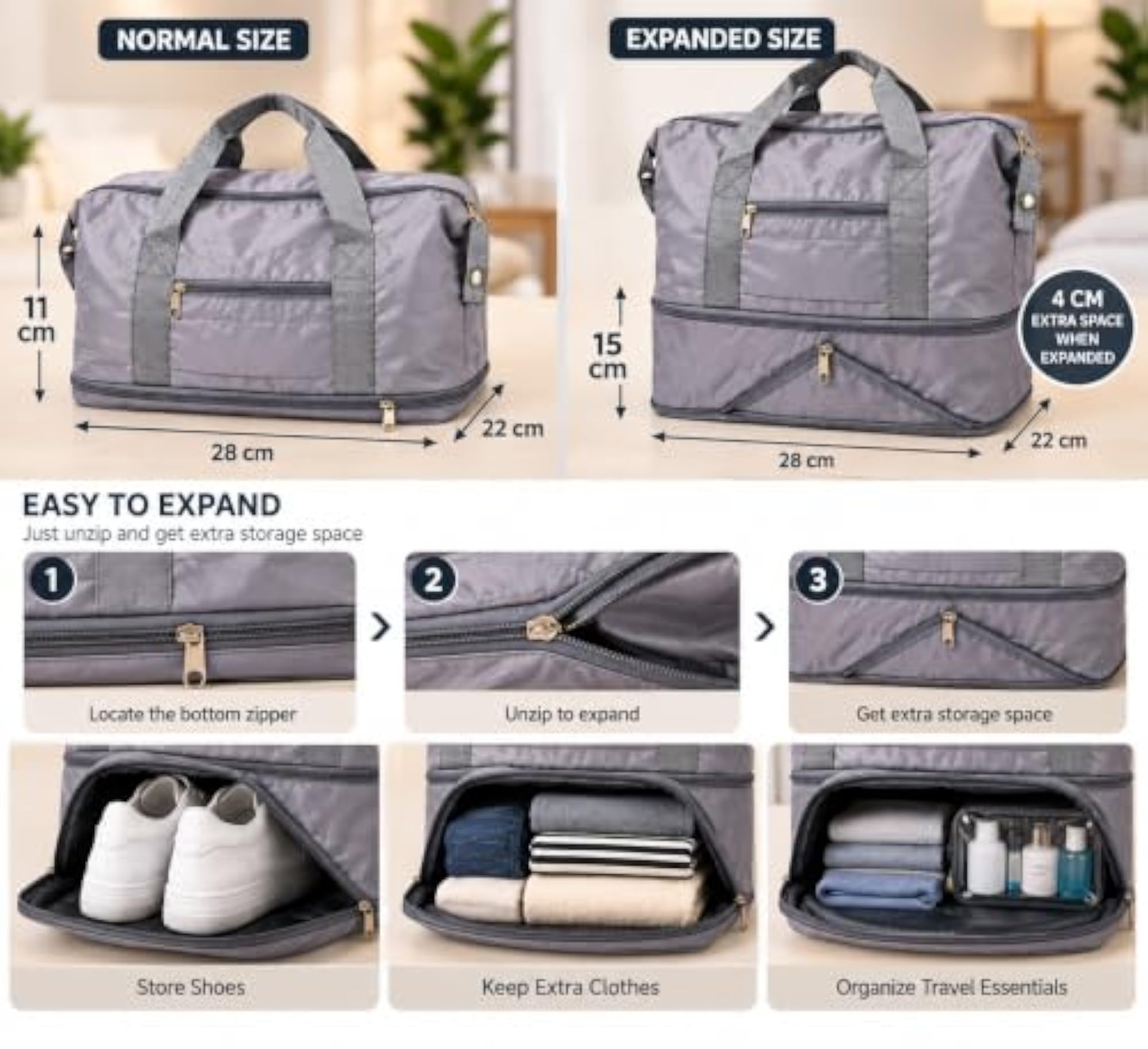 Foldable Expandable Duffel Bag with Bottom Shoe Compartment
