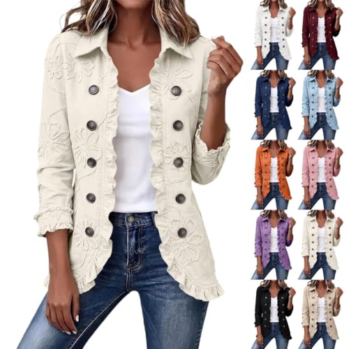 Womens Western Denim Jacket Ruffle Button Down Floral Vintage Jean Jacket - image 1