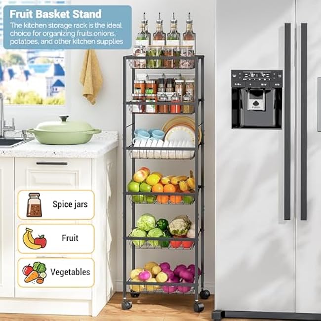 Fruit Vegetable Basket for Kitchen, 6 Tier Fruit and Vegetable Storage Cart, Metal Wire Storage Baskets with Wheels, Small Rolling Cart Organizer Rack for Pantry, Living Room, Bathroom-c1NPEhOk