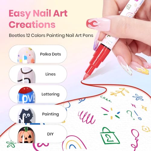 Image of Beetles 12 Colors Nail Art Pens, 0.7MM Painting Nail Polish Pens Quick Air Drying Acrylic Paint Markers for Nails Art Design Dotting Liner Brush, DIY Home & Salon Manicure Tools
