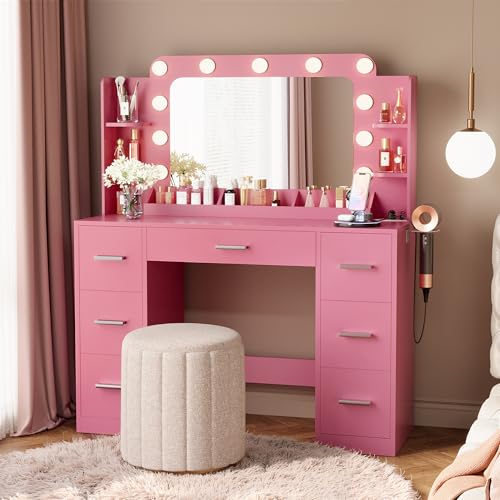 Image of Furmax Vanity Desk with Hollywood Style Mirror with LED Lights, Makeup Table Vanity with 2 AC Outlets and1 USB＆1 Type-C Port, Adjustable Lighting, Modern Ample Storage Drawers Dressing Table (Pink)