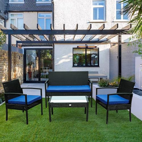 Image of PRATHAM India Outdoor Indoor 4 Piece Patio Furniture Sofa Set Conversation Set Waterproof with Washable Soft Cushion and Center Table Wicker for Balcony and Gardens