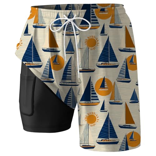 Swim Trunks with Compression Liner - Tropical Mens Swim Shorts,5.5-inch Inseam Vacation Beach Swimwear4