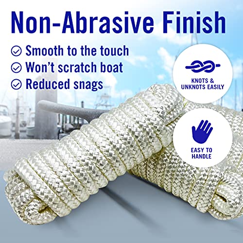 Image of Dock Lines for Boats 3 /8 inch x 15ft, 4 Pack Double Braided Nylon Boat Rope | 12 inch Loop, Marine Grade Mooring Line for Docking, White, Better Boat