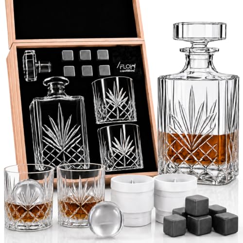Flow Barware Coffret cadeau carafe à whisky et verres | Carafe à whisky 750 ml, lot de 2 verres à whisky | Pierres à whisky et boîte en bois | Coffret...