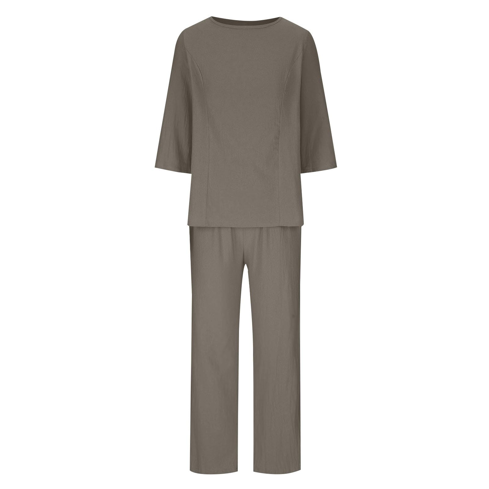 Homewear - Tuta da donna 2 pezzi, in cotone e lino, pantaloni lunghi e | Tuta da donna a 2 pezzi, vestibilità ampia, maniche a 7/8, a maniche lunghe, girocollo, per il tempo libero