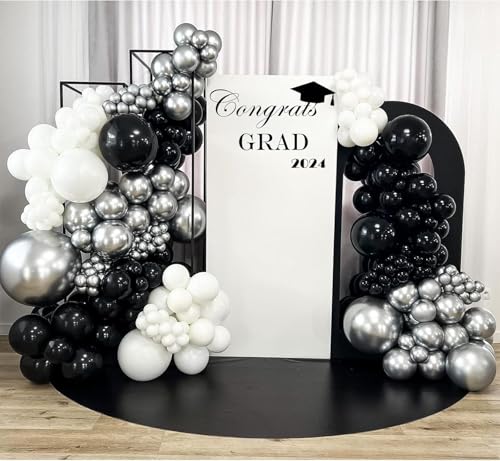 Image of 153Pcs Black and Silver White Balloon Garland Arch Kit with Stars, 22 18 12 10 5 inch Disco Ball Balloons Black White Metallic Silver Confetti Balloon for Birthday Graduation Party Decorations